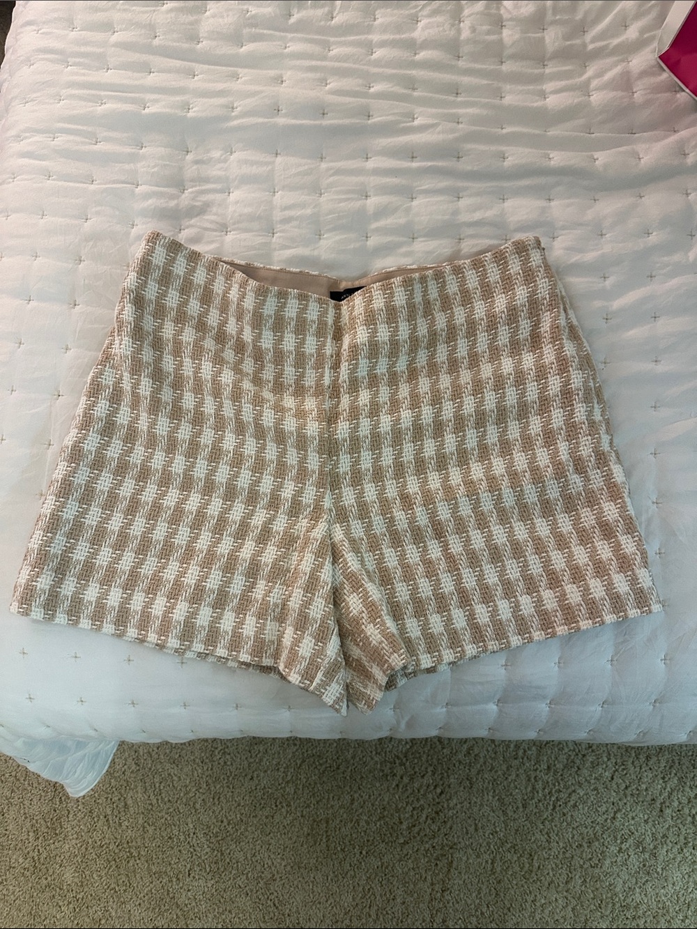 Ann Taylor High-Waist Beige and White Houndstooth Tweed Shorts